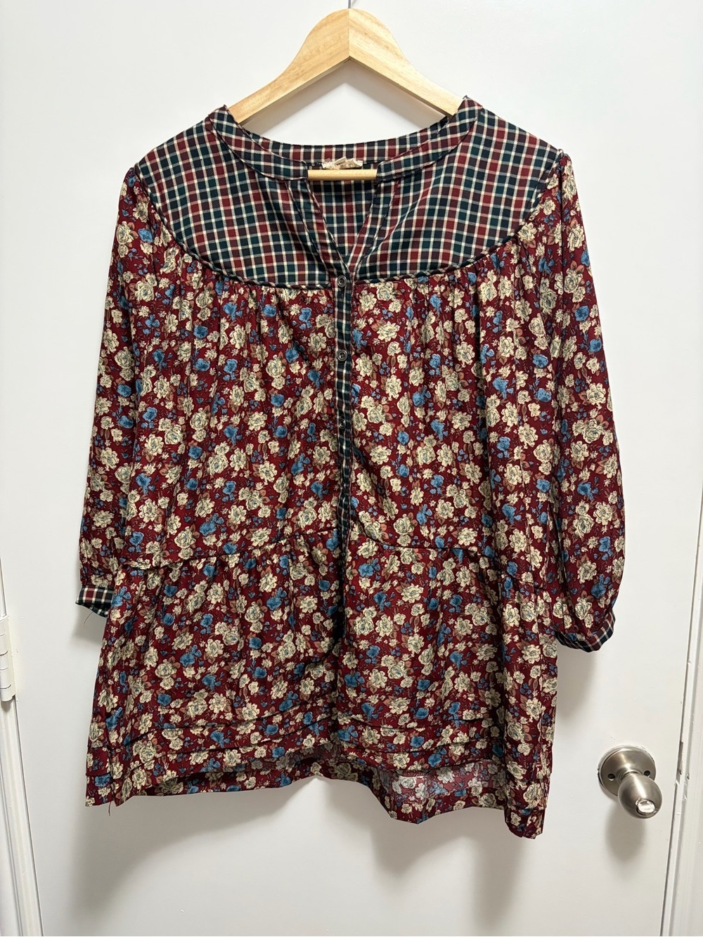 POL Boho Floral Plaid Button Down Blouse Cottagecore Women’s Size Medium
